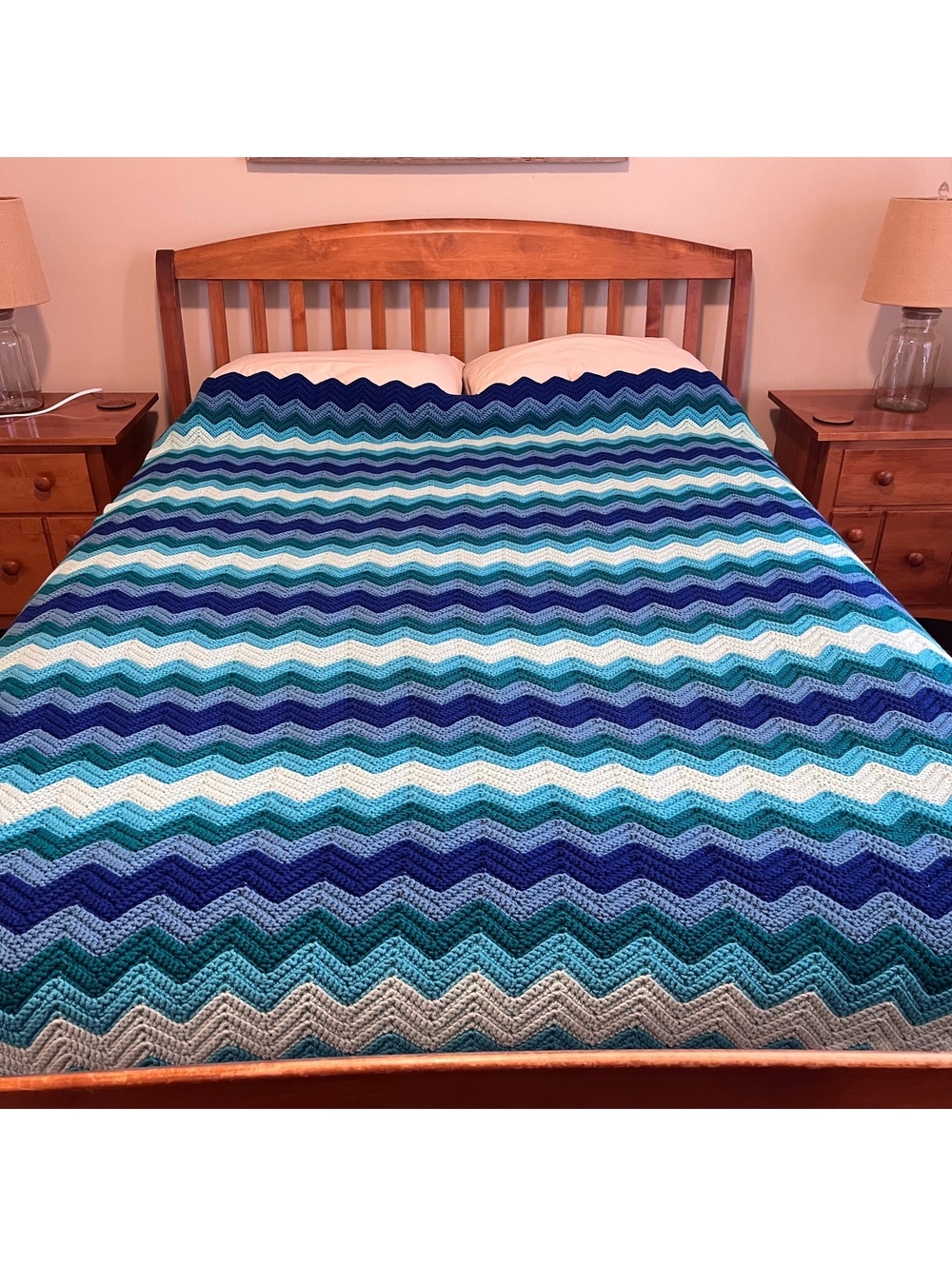 Vintage Hand Crocheted Zig Zag blanket afghan in shades of blue 86"x63"
